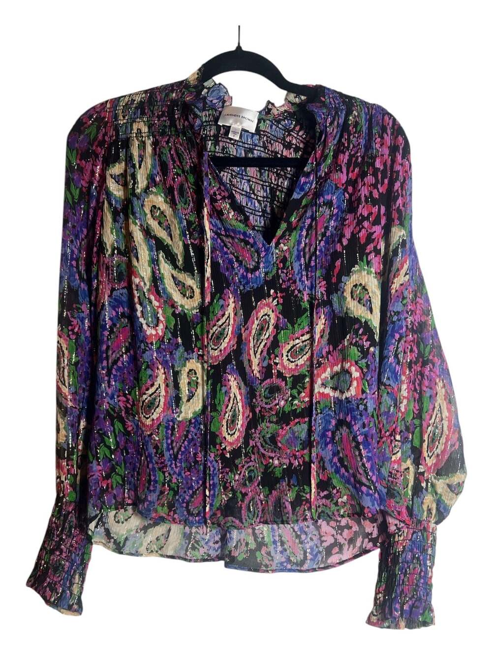 Lavender Brown Metallic Paisley Print Long Sleeve Blouse size S